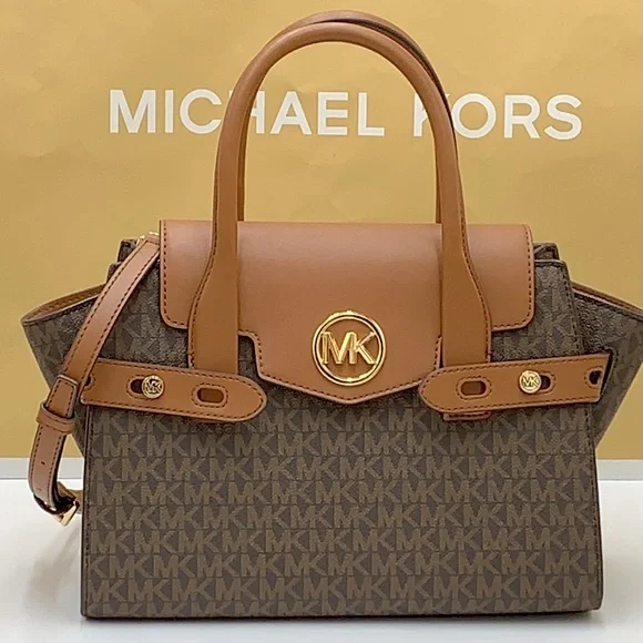 MICHAEL KORS CARMEN MEDIUM FLAP SATCHEL BROWN SIGNATURE COLOR - Picture 1 of 16
